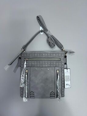 Gray Laser-Cut Women’s Crossbody Bag with Front Pocket 10 H x 9.5 W
